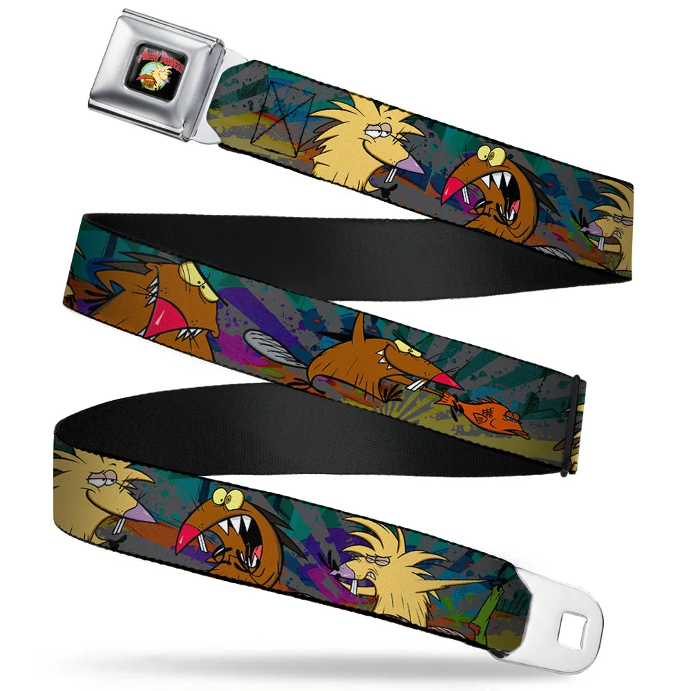 Angry Beavers Logo Full Color Black Seatbelt Belt - Daggett & Norbert Poses3 Rays Grays/Multi Color Webbing