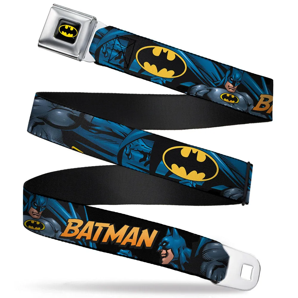 Batman Full Color Black Yellow Seatbelt Belt - BATMAN Action Poses/Bat Signal Black Webbing