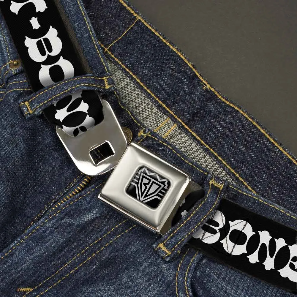 BD Wings Logo CLOSE-UP Full Color Black Silver Seatbelt Belt - Steaks w/T-BONE Text Webbing