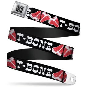 BD Wings Logo CLOSE-UP Full Color Black Silver Seatbelt Belt - Steaks w/T-BONE Text Webbing