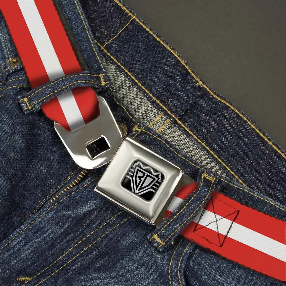 BD Wings Logo CLOSE-UP Full Color Black Silver Seatbelt Belt - Stripes Red/White/Red Webbing