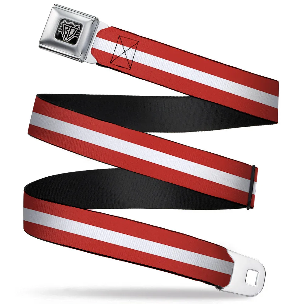 BD Wings Logo CLOSE-UP Full Color Black Silver Seatbelt Belt - Stripes Red/White/Red Webbing