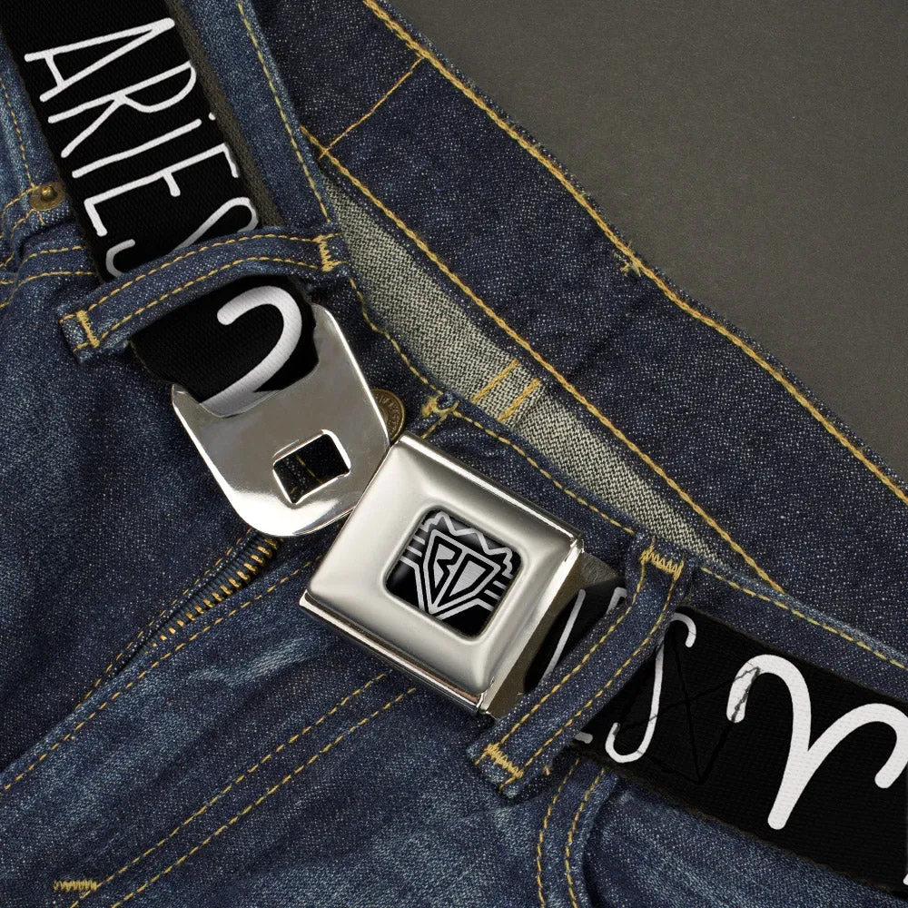 BD Wings Logo CLOSE-UP Full Color Black Silver Seatbelt Belt - Zodiac ARIES/Symbol Black/White Webbing