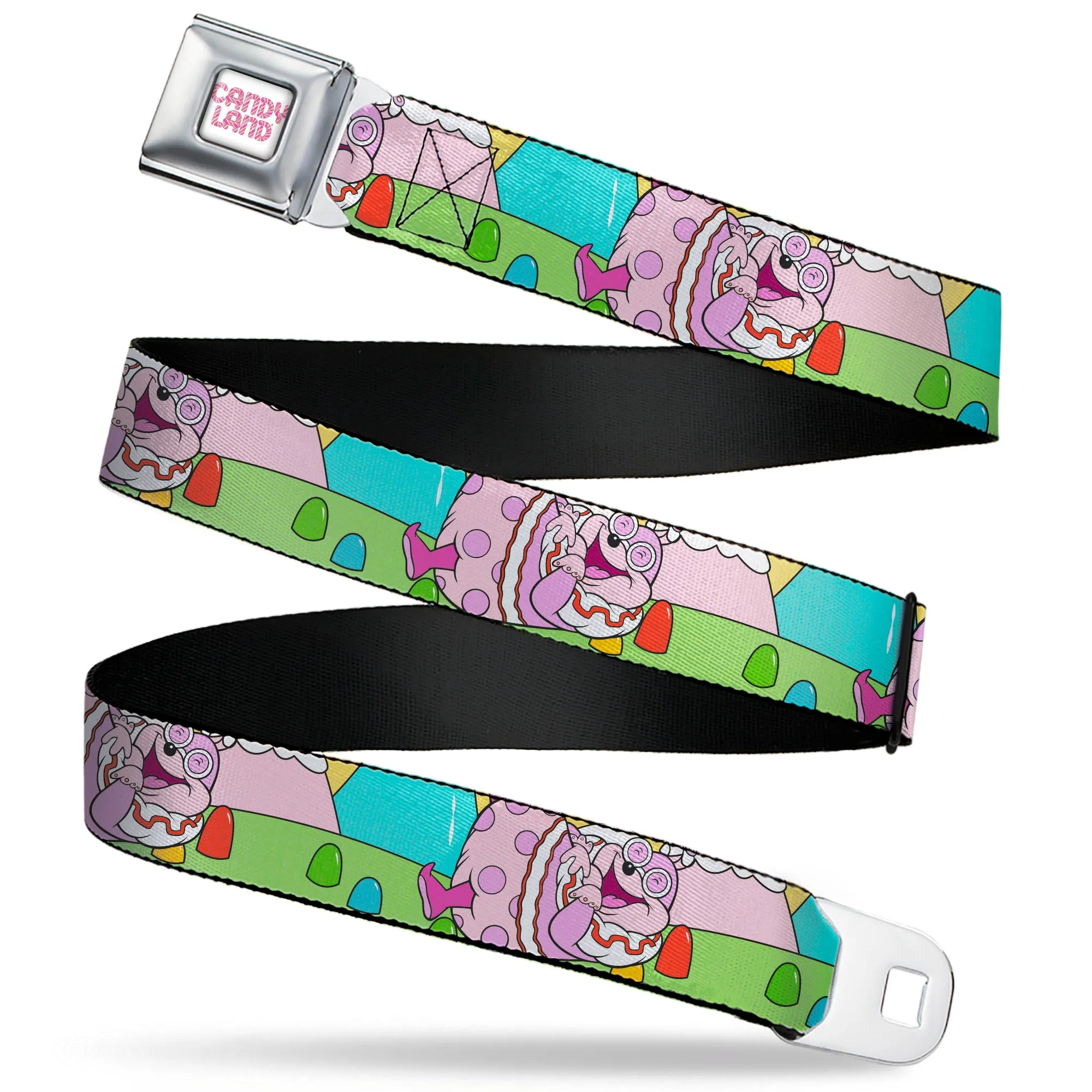 CANDY LAND Game Logo White/Pink Seatbelt Belt - Candy Land Jolly Laughing Pose and Gum Drops Multi Color Webbing