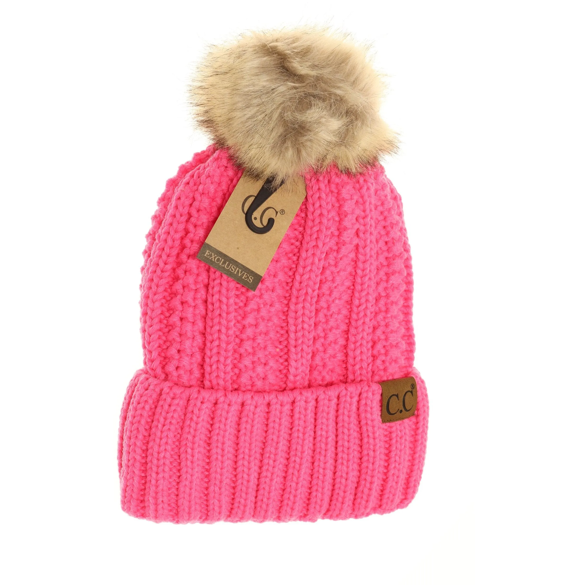 CC Beanie Fur Pom Hats - Solid