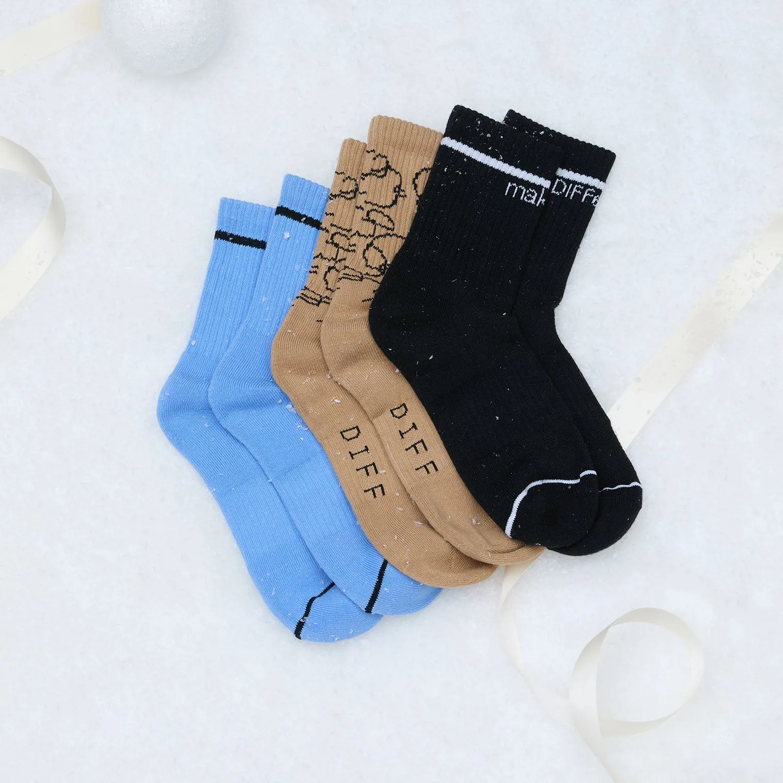 CREW SOCK TRIO - BLACK   SKY BLUE   ABSTRACT CIRCLES