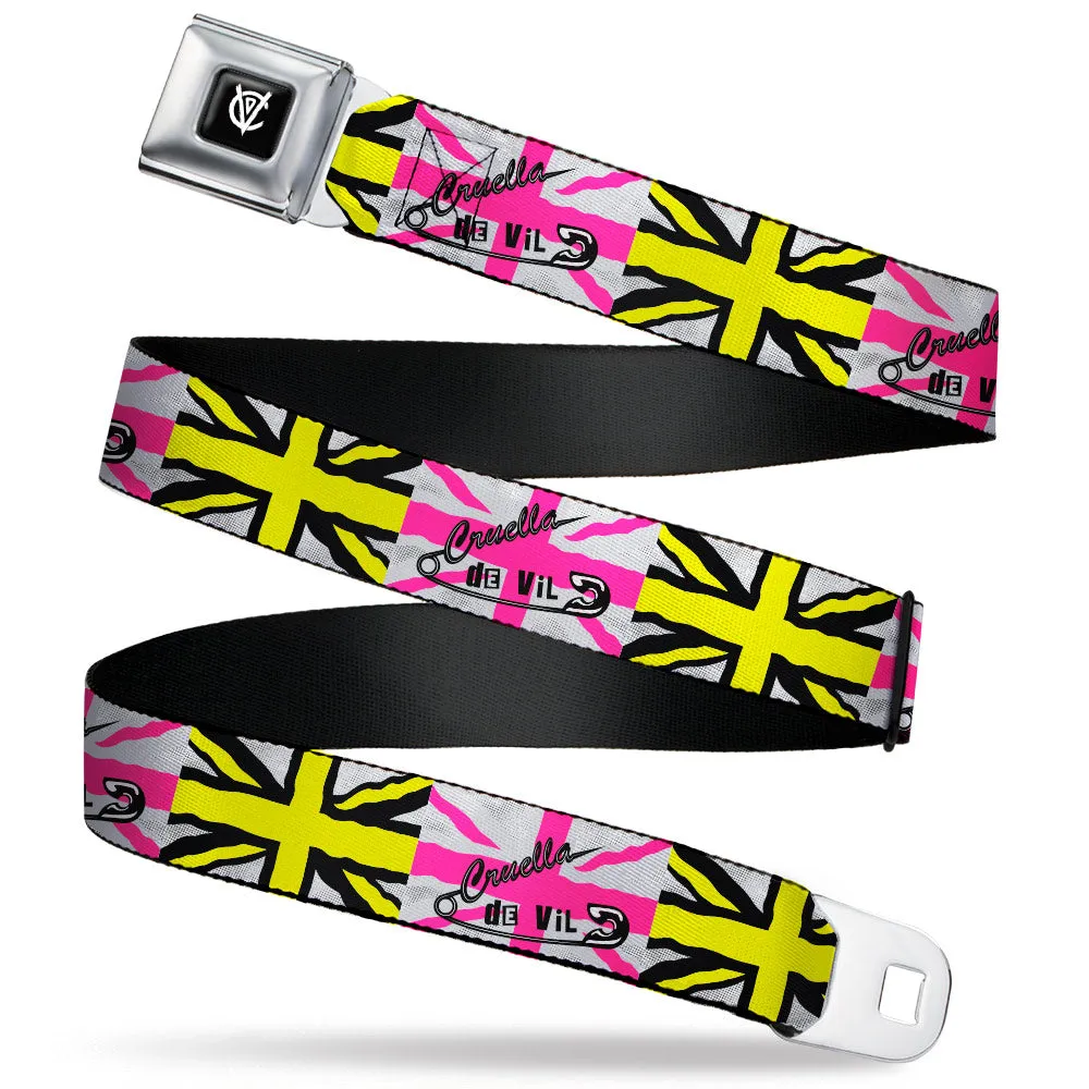 Cruella de Vil CDV Icon Full Color Black/White Seatbelt Belt - CRUELLA DE VIL Safety Pin Union Jack Punk Rock Blocks Webbing