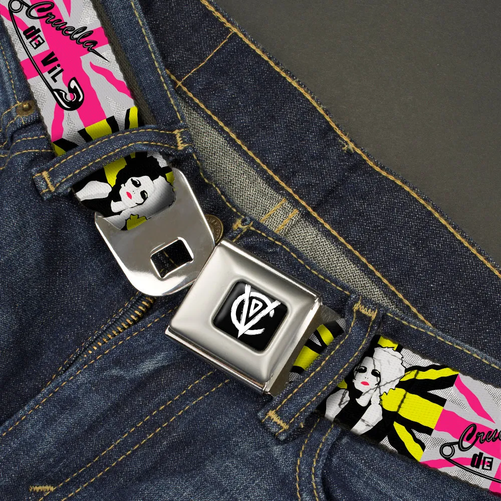 Cruella de Vil CDV Icon Full Color Black/White Seatbelt Belt - CRUELLA DE VIL Safety Pin Union Jack Punk Rock Blocks Webbing