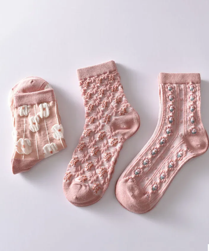 Cute Pink Floral Mid Calf Socks