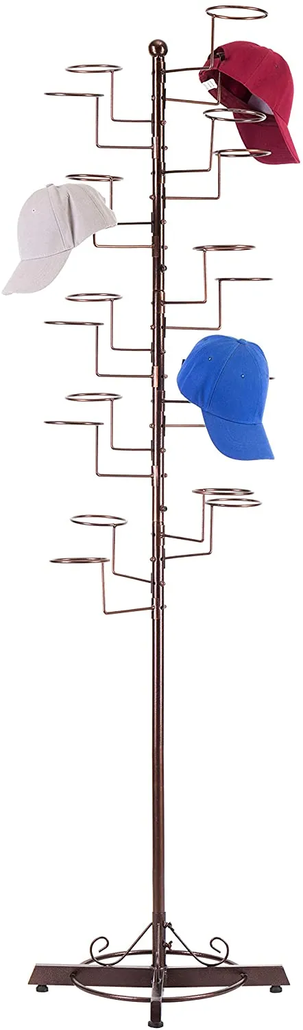 Dark Brown Metal Freestanding Retail Display Stand with 20 Circular Hooks for Hats and Wigs