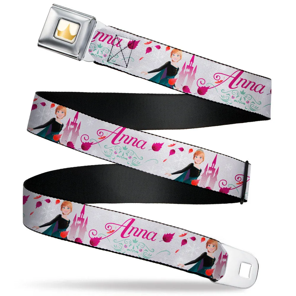 Disney Princess Crown Full Color Golds Seatbelt Belt - Frozen Anna Castle Pose with Flowers and Script Grays/Pinks Webbing