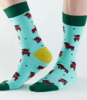 Doris & Dude Mint Highland Cow Socks Size 3-7