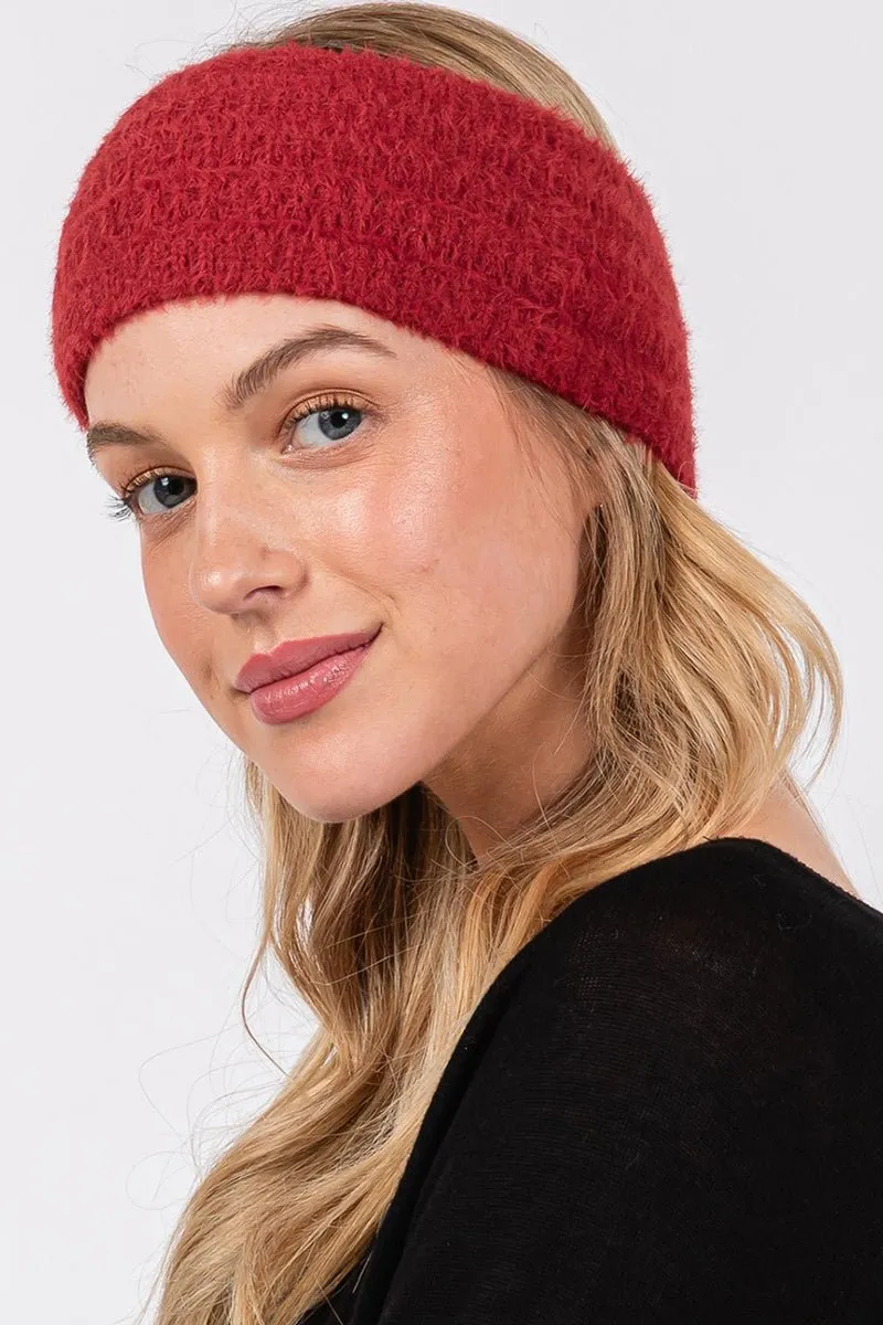 Face The Day Burgundy Fuzzy Cable Knit Headband