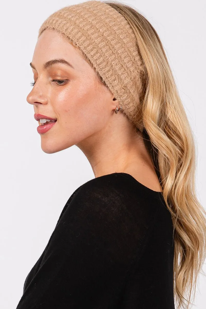 Face The Day Taupe Fuzzy Cable Knit Headband