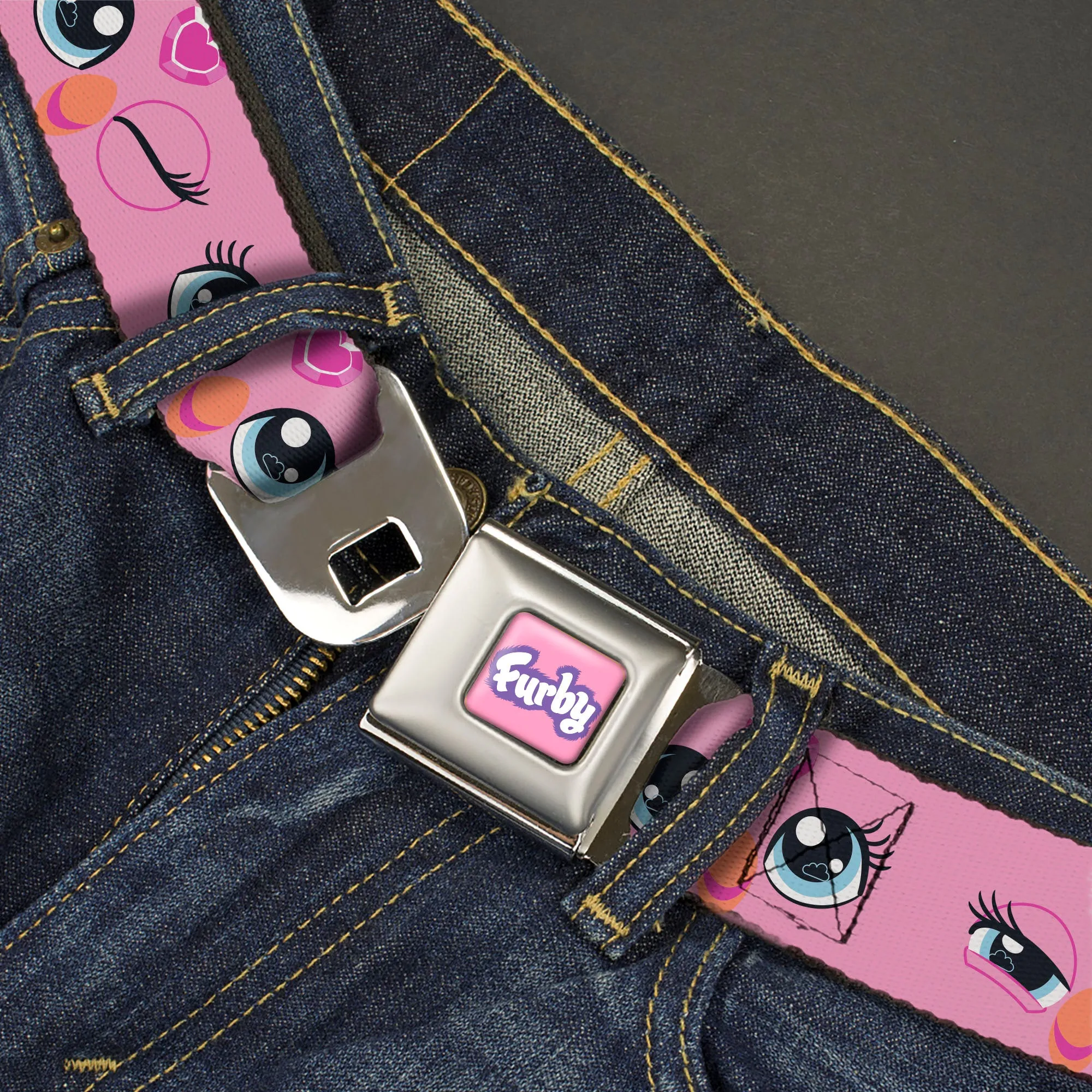 FURBY Title Logo Full Color Pink/Purple/White Seatbelt Belt - Furby Eye Expressions Close-Up Pink Webbing