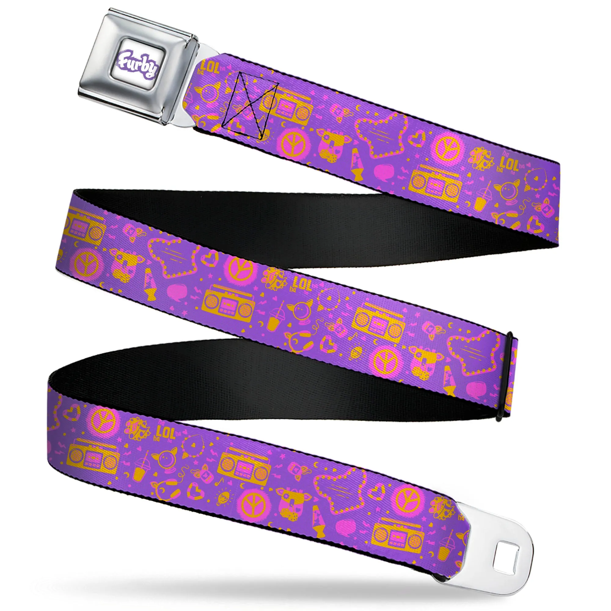 FURBY Title Logo Full Color White/Purple Seatbelt Belt - Furby Icons Collage Purples/Orange/Pinks Webbing