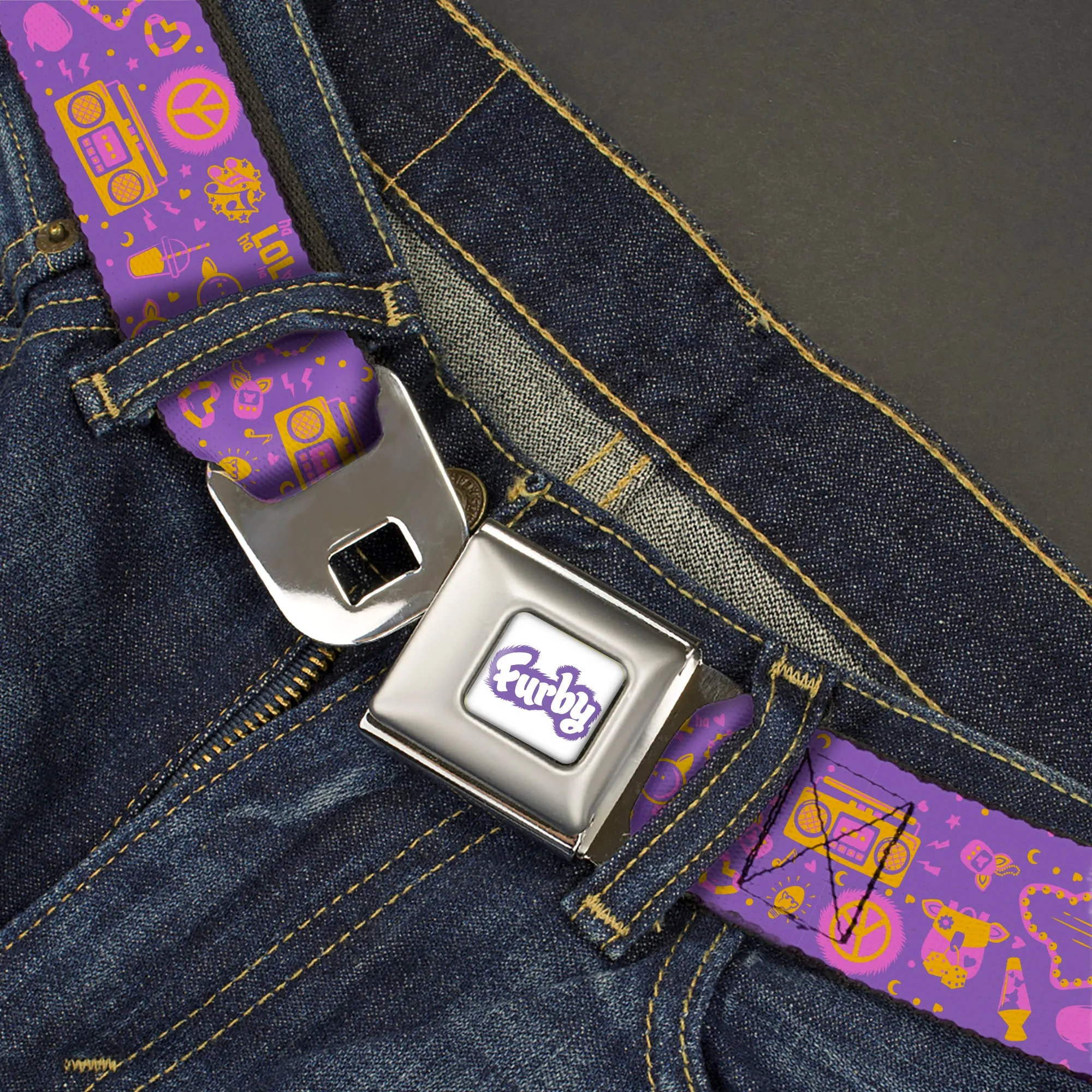 FURBY Title Logo Full Color White/Purple Seatbelt Belt - Furby Icons Collage Purples/Orange/Pinks Webbing