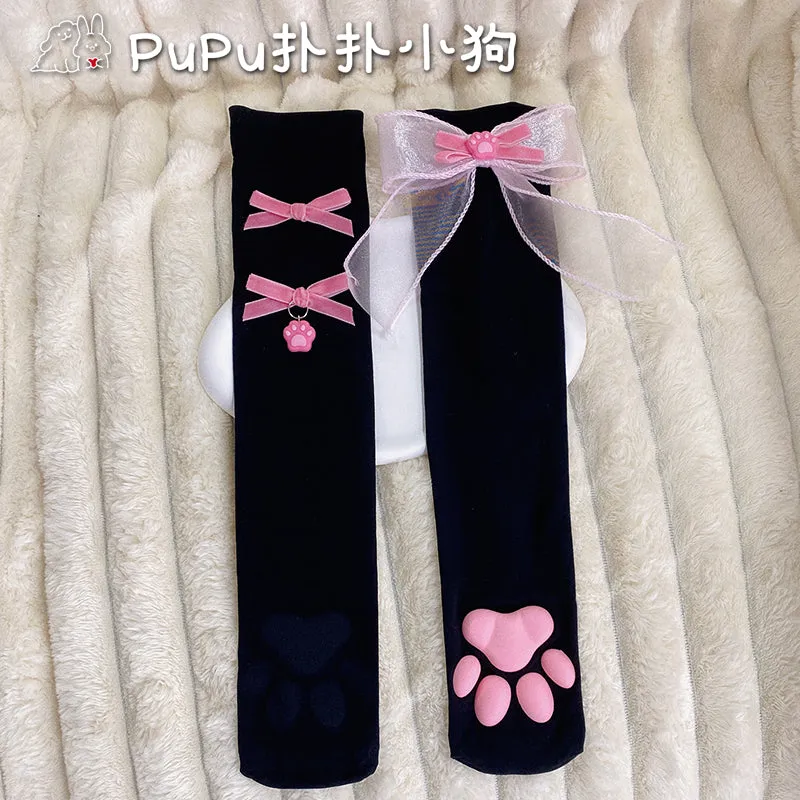 Girls 3D Cute Cat Paw Bow Knee Socks