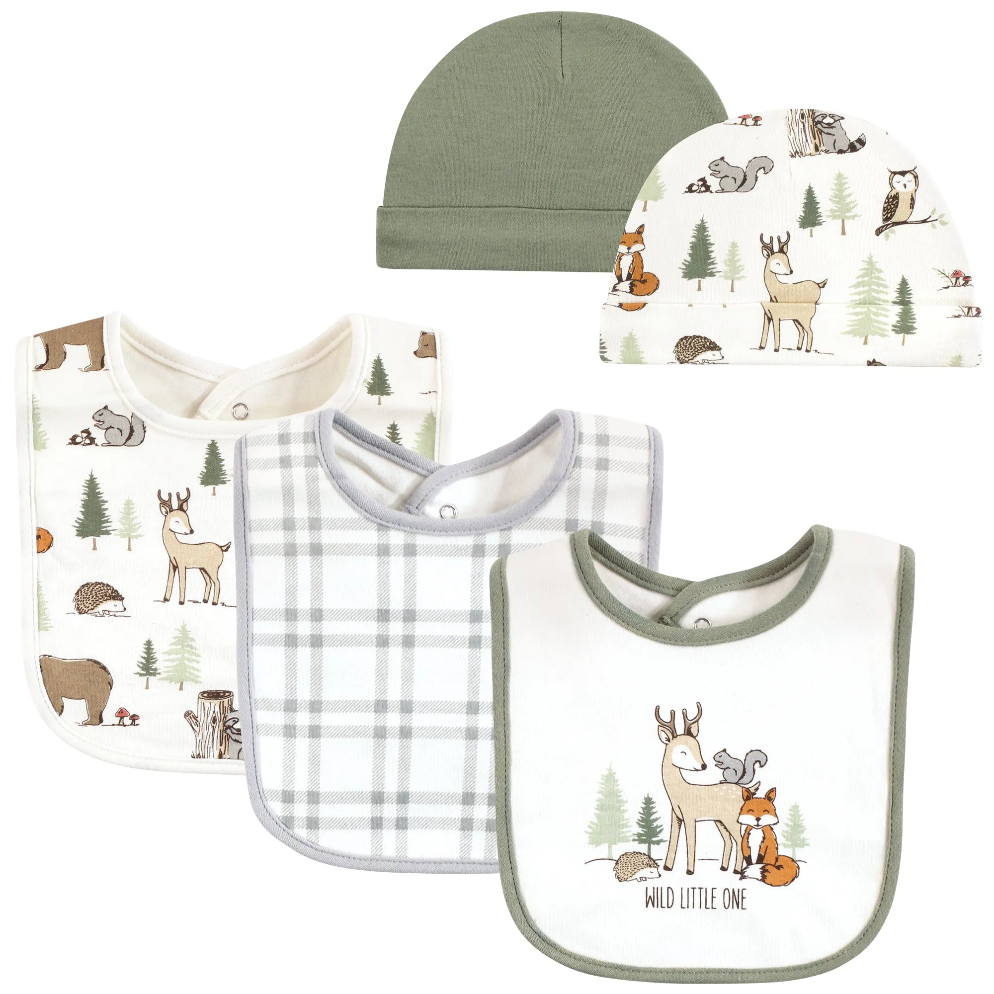 Hudson Baby Cotton Bib and Caps Set, Forest Animals