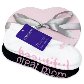 I am a great mom™ black socks   I am beautiful™ white socks in pink heart box