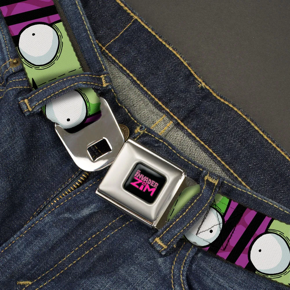 INVADER ZIM Title Logo Full Color Pink/Green Seatbelt Belt - Invader Zim GIR Eyes Close-Up Stripe Black/Purple Webbing