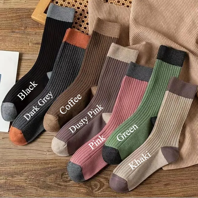 Ladies Color Block Rib Cotton Daily Socks SKASC4163