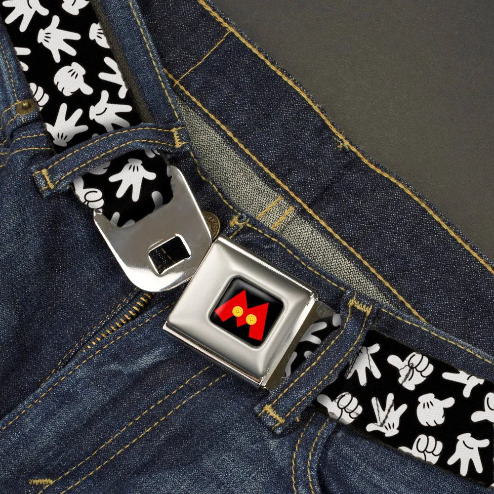 Mickey Mouse M Icon Full Color Black/Red/Yellow Seatbelt Belt - Mickey Mouse Hand Gestures2 Scattered Black/White Webbing