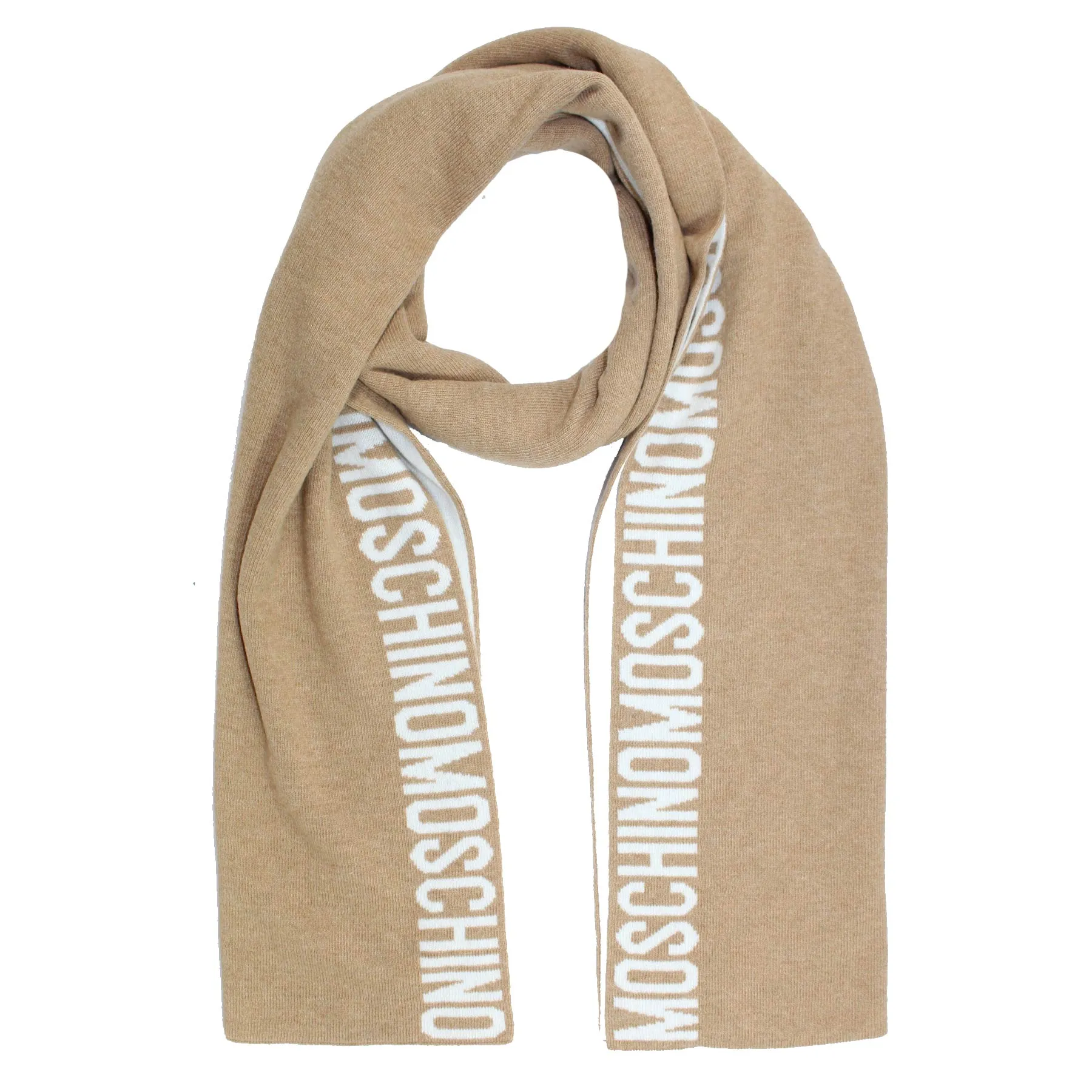 Moschino Wool Scarf Beige White Logo Text - SALE