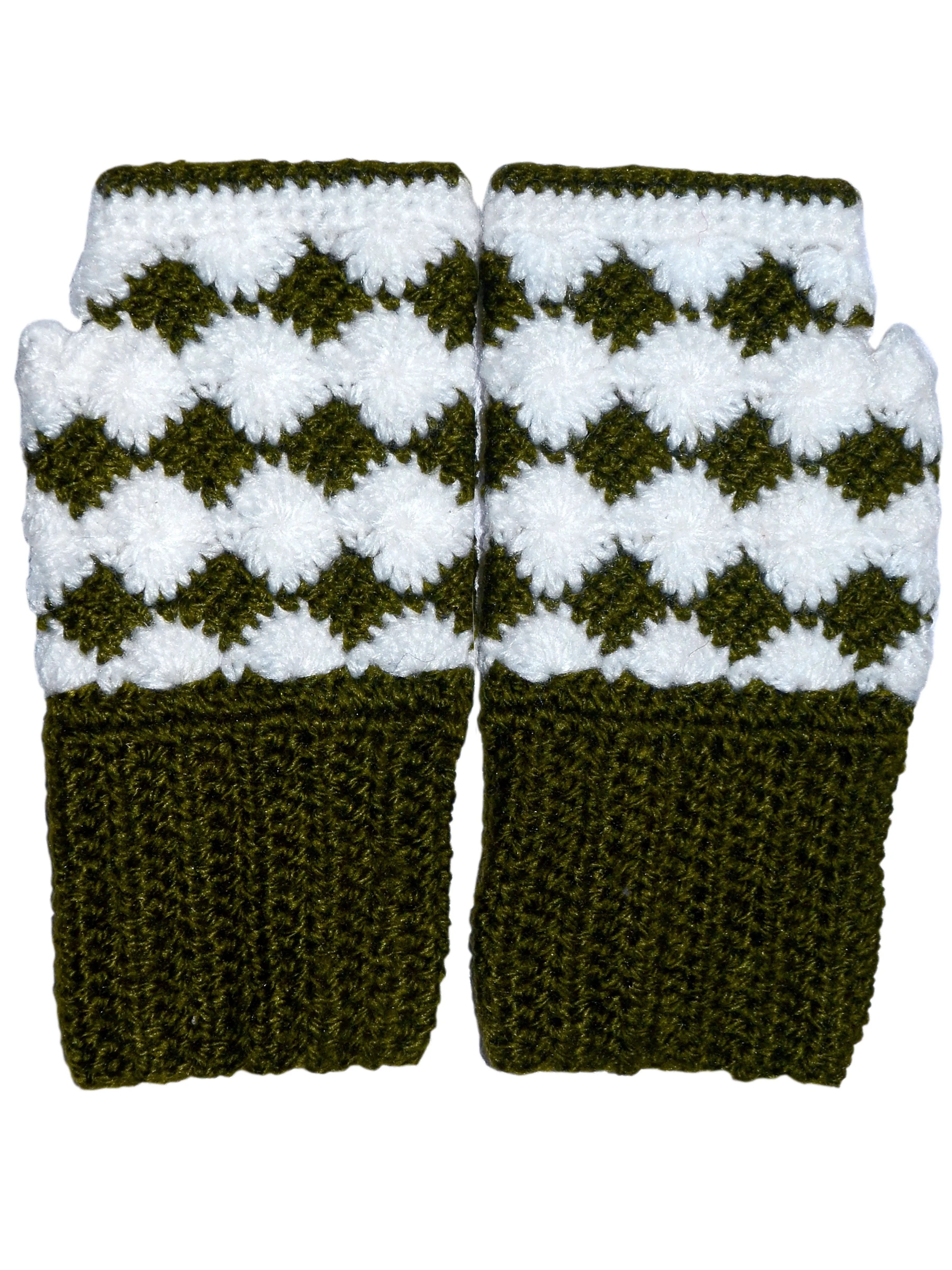 New Winter Warm Fingerless Handmade Boot Cuff Gloves combi of olive oil and White colour