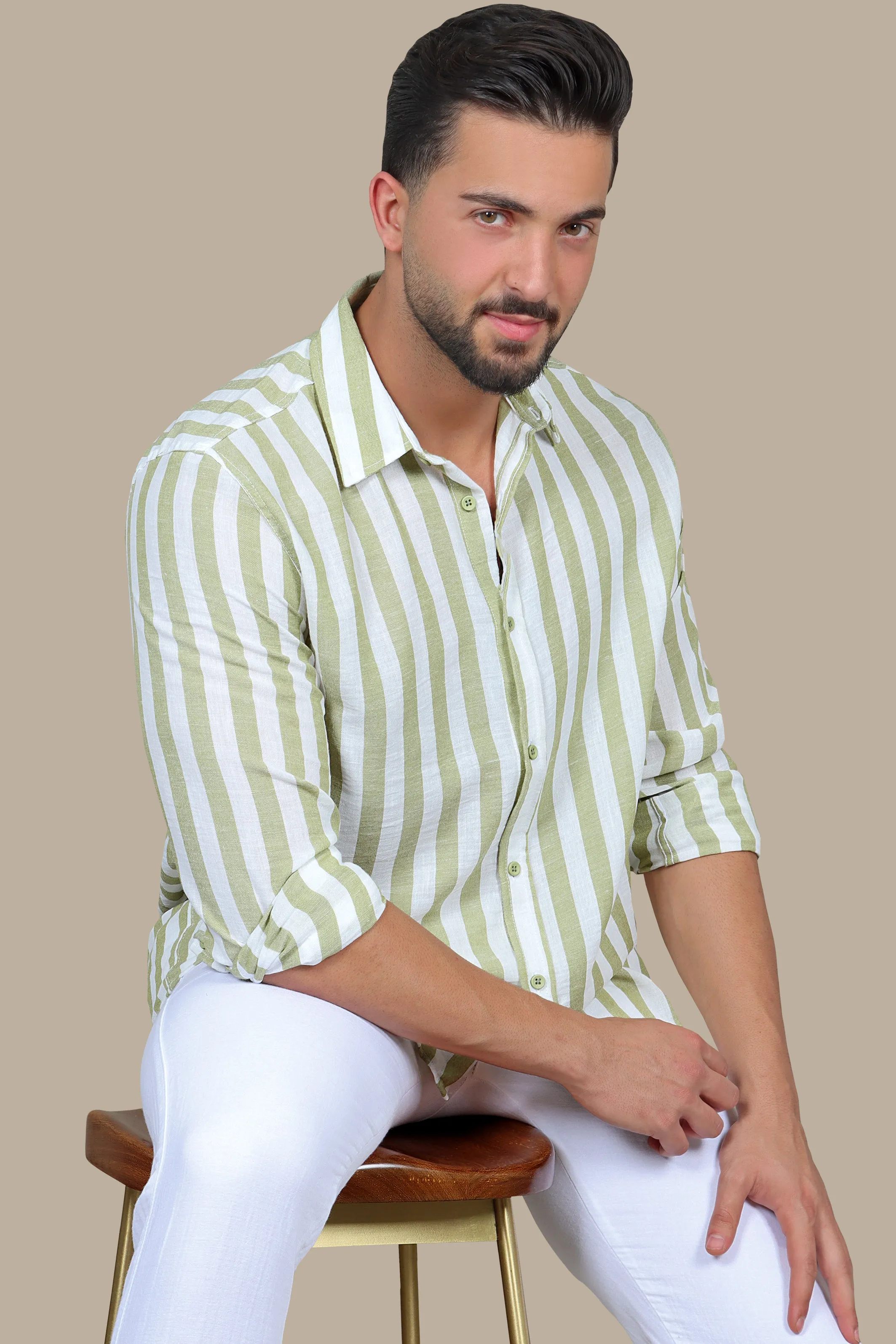 Olive Oasis: Stylish Striped Linen Shirt