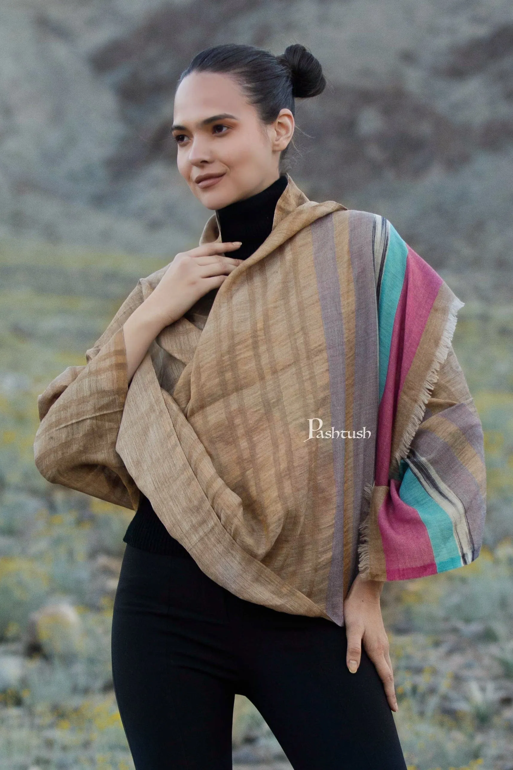 Pashtush Womens Wool Silk Stole, Twilight Collection, Soft Woven Stripes, Golden