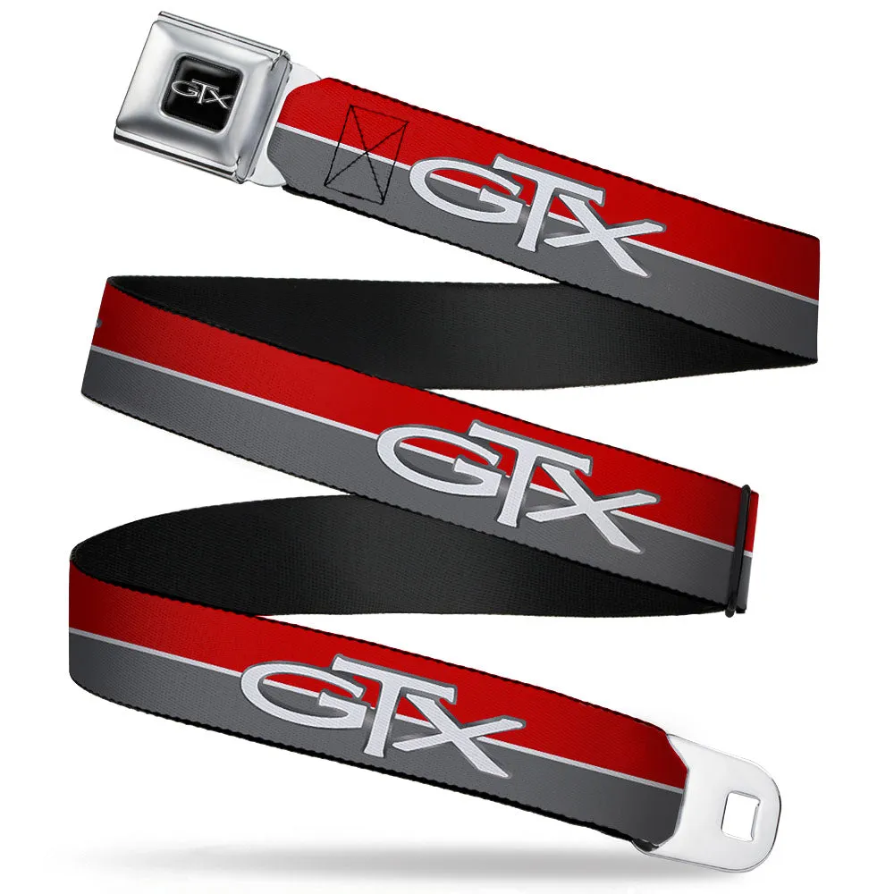 Plymouth GTX Emblem Full Color Black Silver Fade White Seatbelt Belt - Plymouth GTX Emblem/Stripe Red/White/Grays Webbing