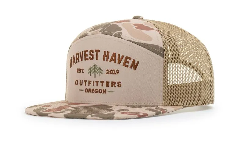 Richardson 168P Camo 7-Panel Snapback Trucker Hat - Seven-Panel Trucker Cap with Flat Bill