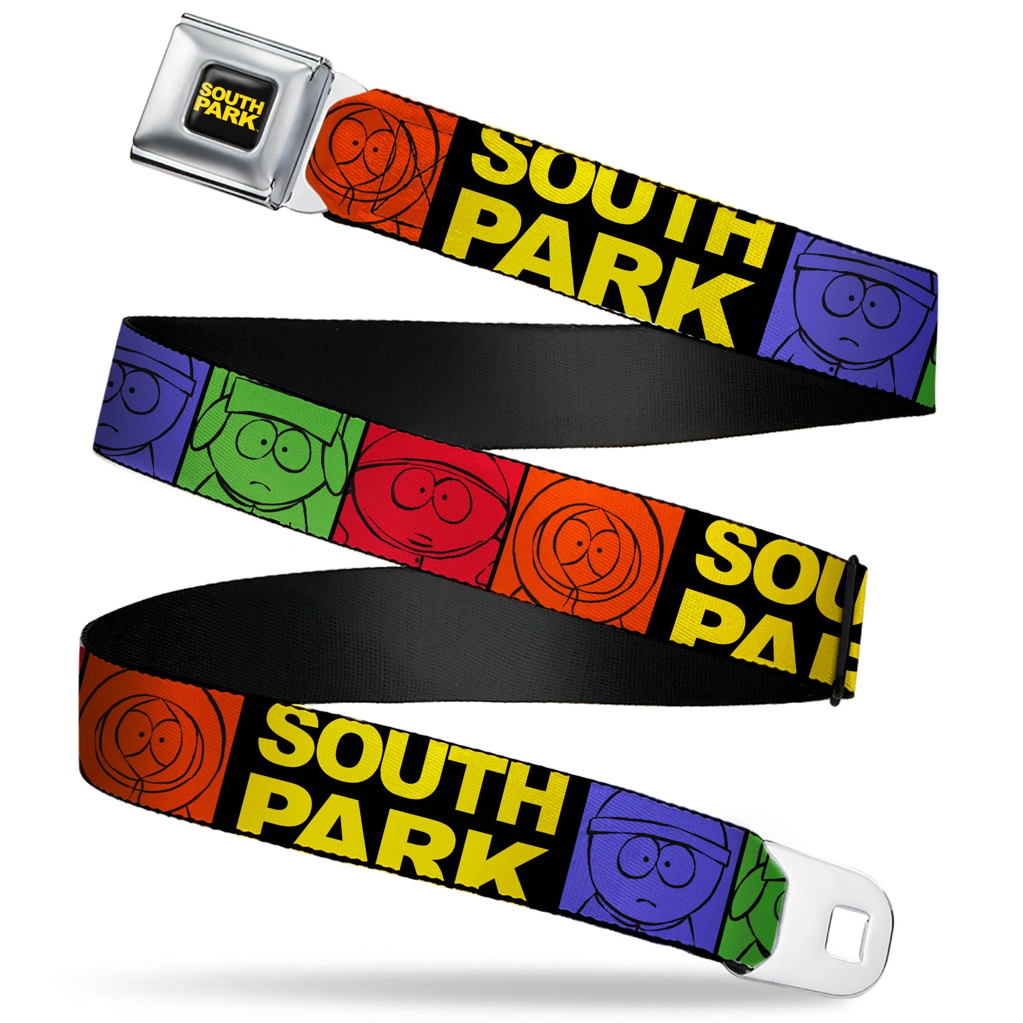 SOUTH PARK Title Logo Full Color Black/Yellow Seatbelt Belt - SOUTH PARK Boys Face Drawing and Title Logo Color Block Multi Color Webbing