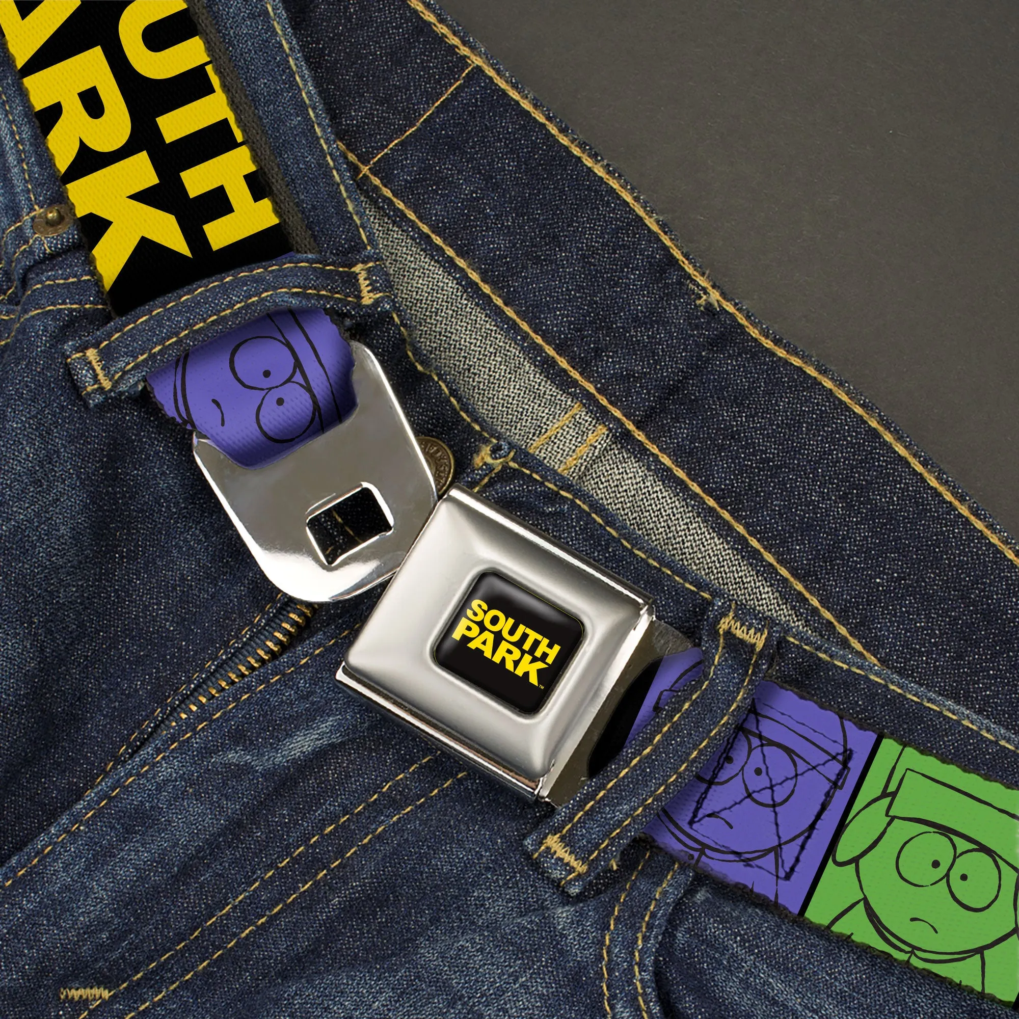 SOUTH PARK Title Logo Full Color Black/Yellow Seatbelt Belt - SOUTH PARK Boys Face Drawing and Title Logo Color Block Multi Color Webbing