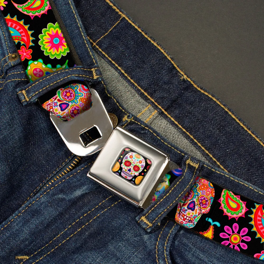 Sugar Skull Starburst Full Color Black/Multi Color Seatbelt Belt - Bobo Sugar Skull/Paisley Black/Multi Color Webbing