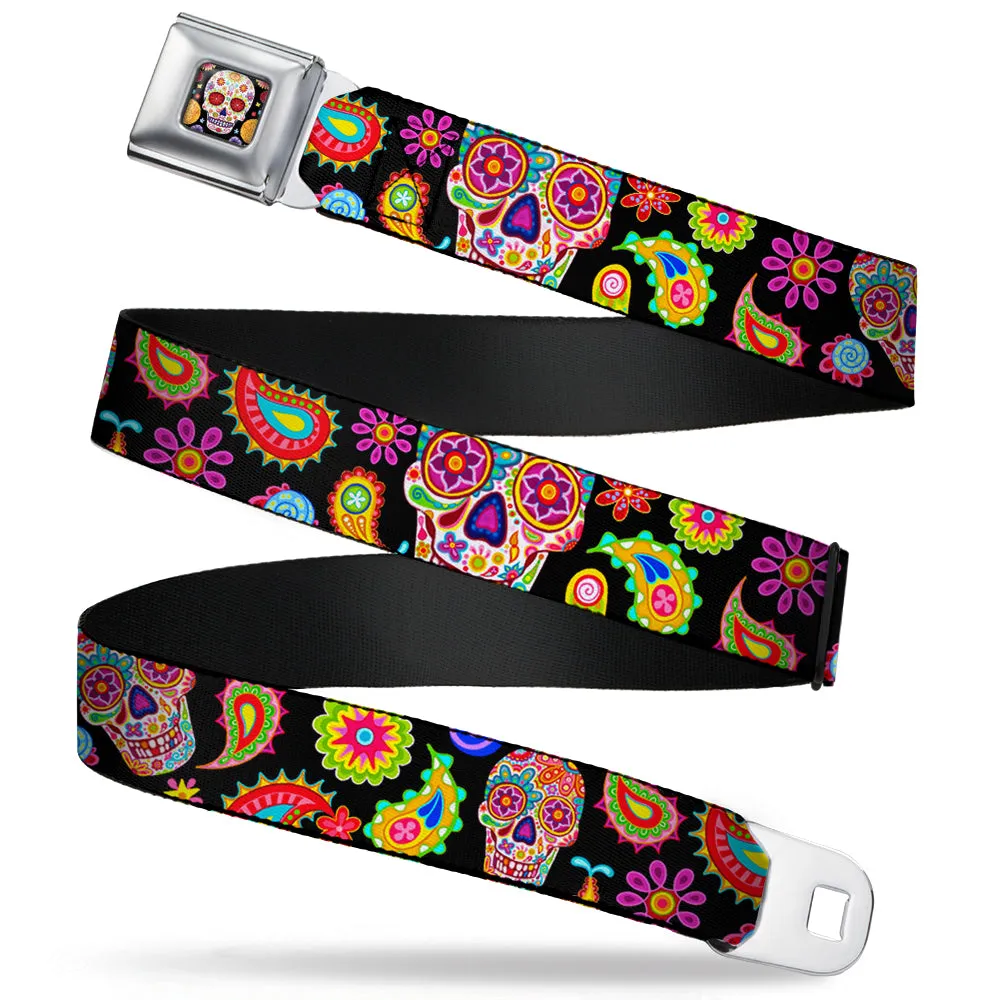 Sugar Skull Starburst Full Color Black/Multi Color Seatbelt Belt - Bobo Sugar Skull/Paisley Black/Multi Color Webbing