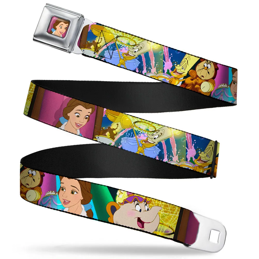 Surprised Belle Full Color Pink Seatbelt Belt - Beauty & the Beast Be Our Guest Scenes Webbing