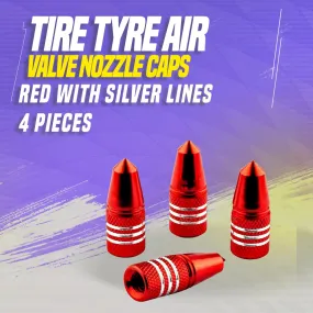 Tire Tyre Air Valve Nozzle Caps Red With Silver Lines- 4 Pieces