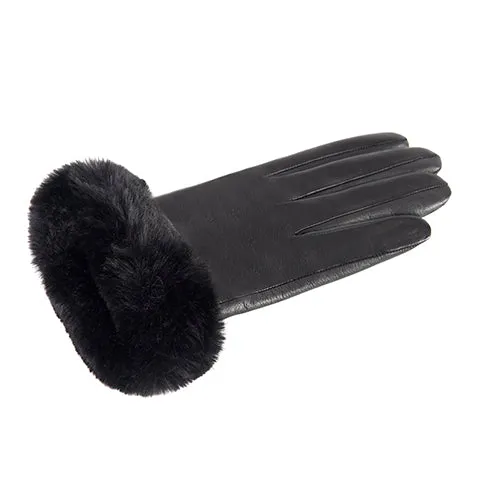 Women's black nappa leather gloves with faux fur